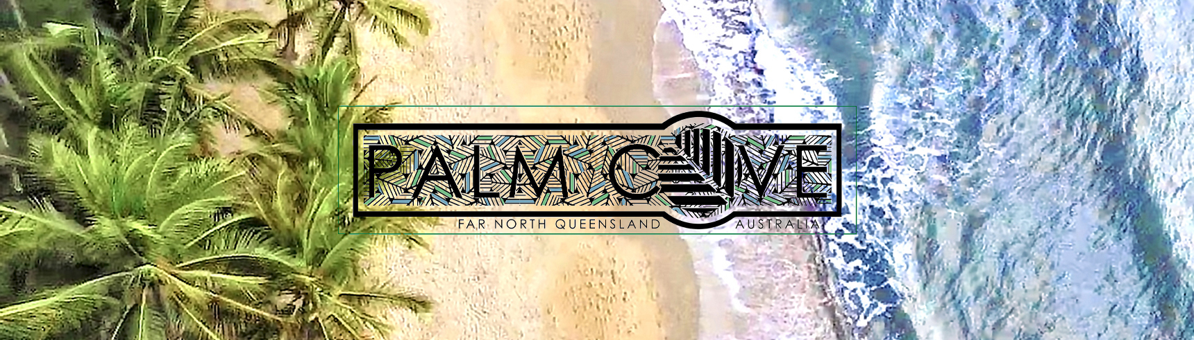 Palm Cove birds eye view with graphic text